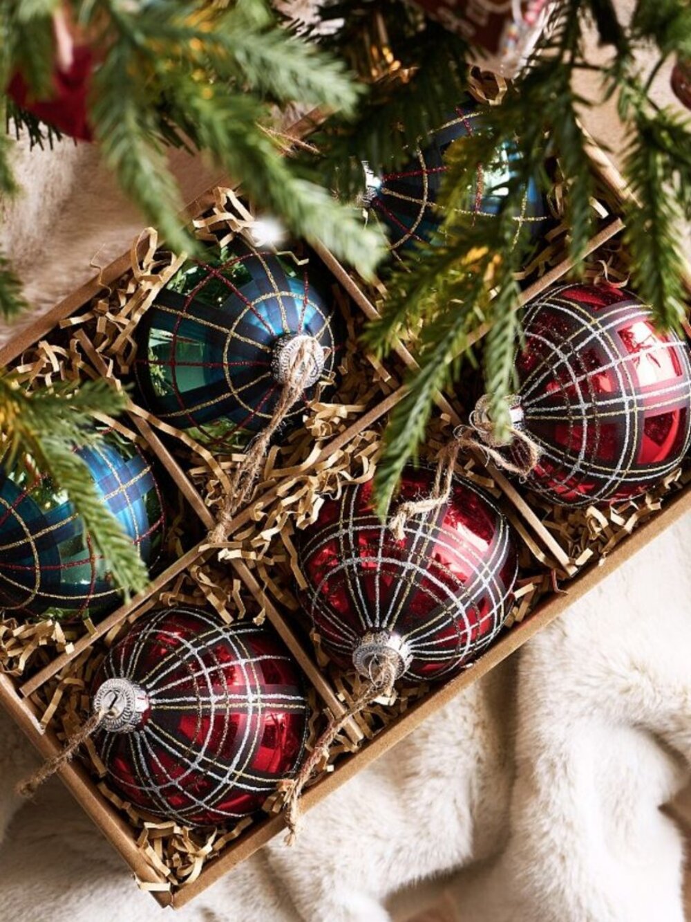 Pottery Barn Plaid Ornament Box - Set of 6